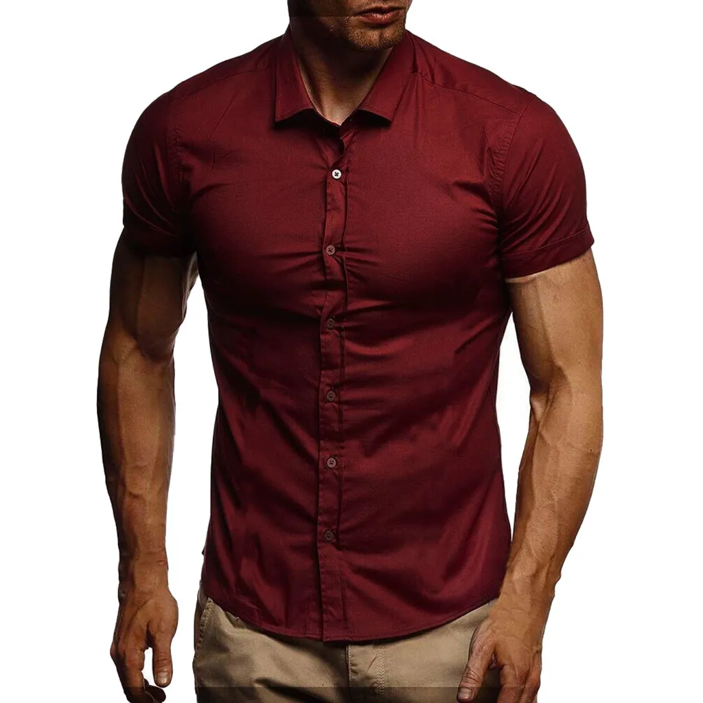 Men Shirt Slim Fit Shirt Short Sleeve Men Fashions camisa masculina Solid Pure Color Shirts Korean Style Shirt Man camisas - Цвет: Красный