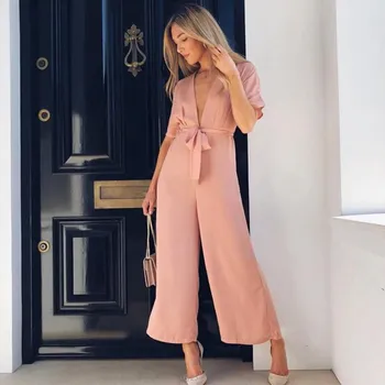 

Boot Cut Summer Sexy Deep V Neck Wide Leg Jumpsuit Elegant High Waist Tunic Slim Rompers Female Casual Short Sleeve Overalls