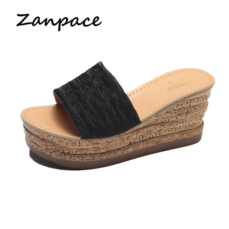 

Summer High Heels Slippers Women Cotton Fabric Outside Thick Beach Shoes Solid Waterproof Simple High Wedges Sandals Slides