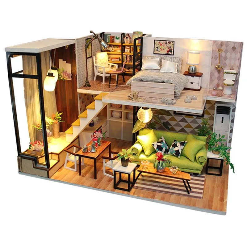 

Diy Doll House Toy Wooden Miniatura Doll House Miniature Dollhouse Toys with Dust Cover Furniture Led Lights Kids Birthday Gif