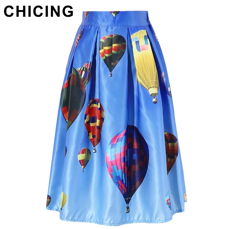 CHICING Balloon Skirts 2016 Women Fashion Sky Blue Printed Pleated High Waist Skater Flared Tutu