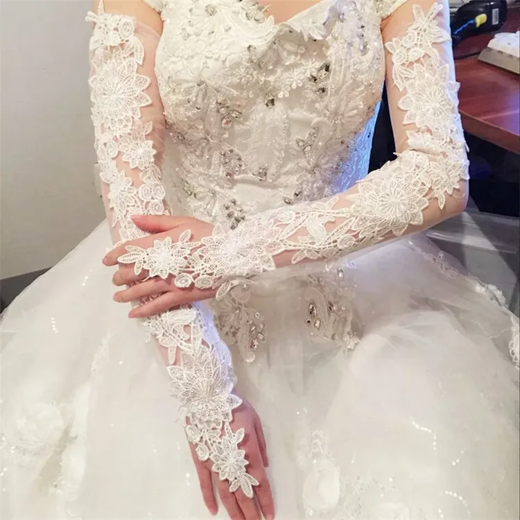 JaneVini/прозрачные кружевные перчатки ручной работы длинные белые свадебные перчатки цвета слоновой кости для девочек, длина оперы без пальцев, свадебные перчатки