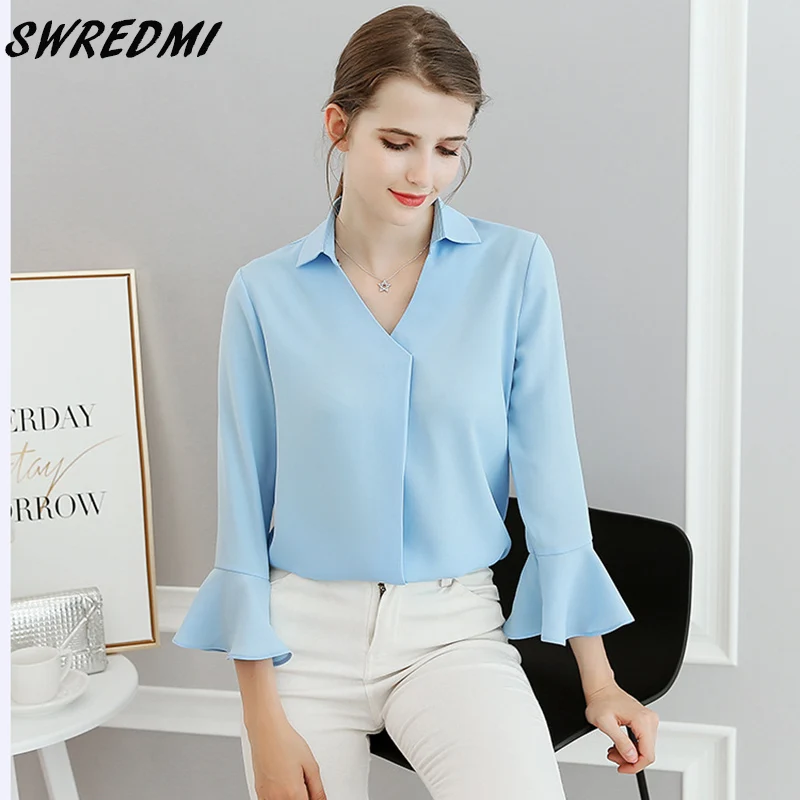 

SWREDMI 2019 New Seven-Sleeve Chiffon Shirt Women V-Neck Loose Bell Sleeve Blouses Slim Fashion High Street Sweet Shirts