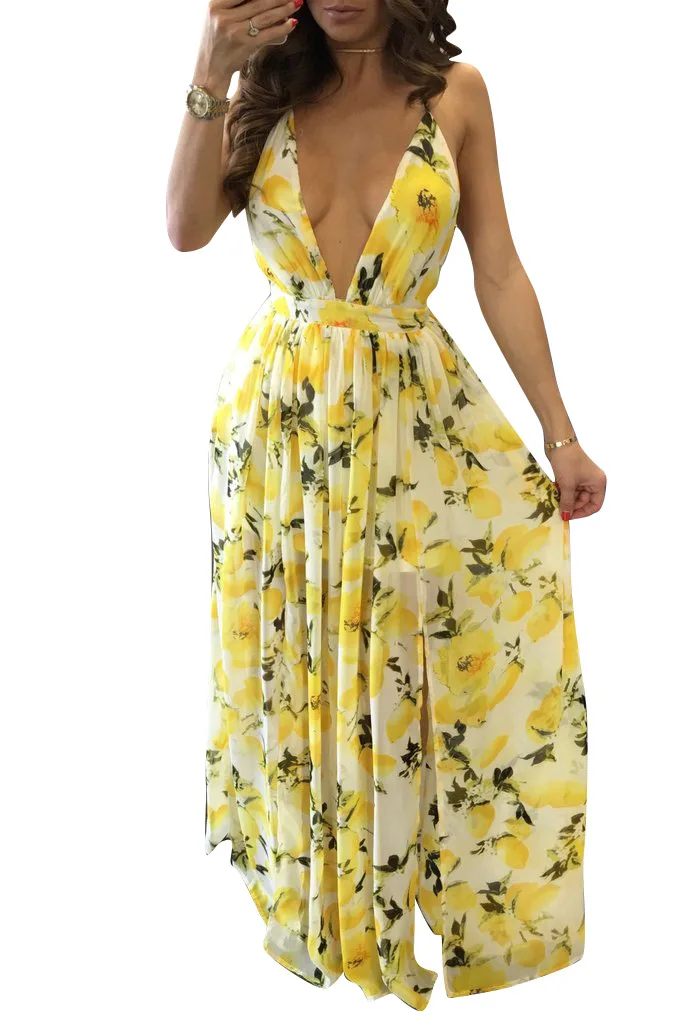 Summer Dress v Neck Sleeveless Backless Fashion Print Boho Beach Dress