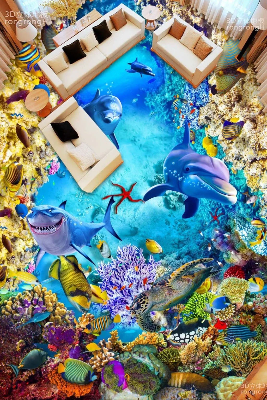 Besar 3d Stiker Dinding Hiu Dan Ikan Di Bawah Laut Pemandangan