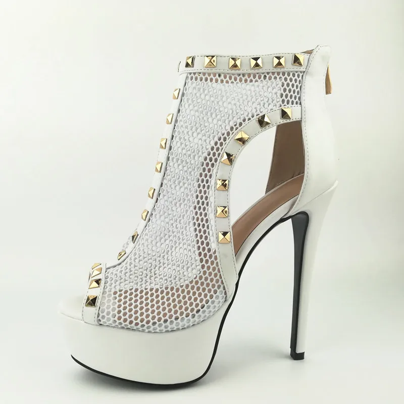 

ARQA 2019 White colour mesh fishmouth rivet transparent hollow Stiletto high heel sandals boot platform sexy women's sandals