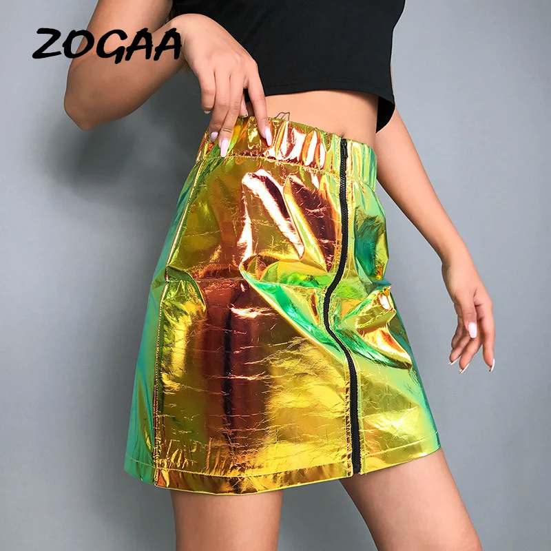 

ZOGAA 2019 Summer New Reflective Women Shorts Skirts Zip PU Upper Sexy Modern Lady High Waist Bodycon Short Skirts Women