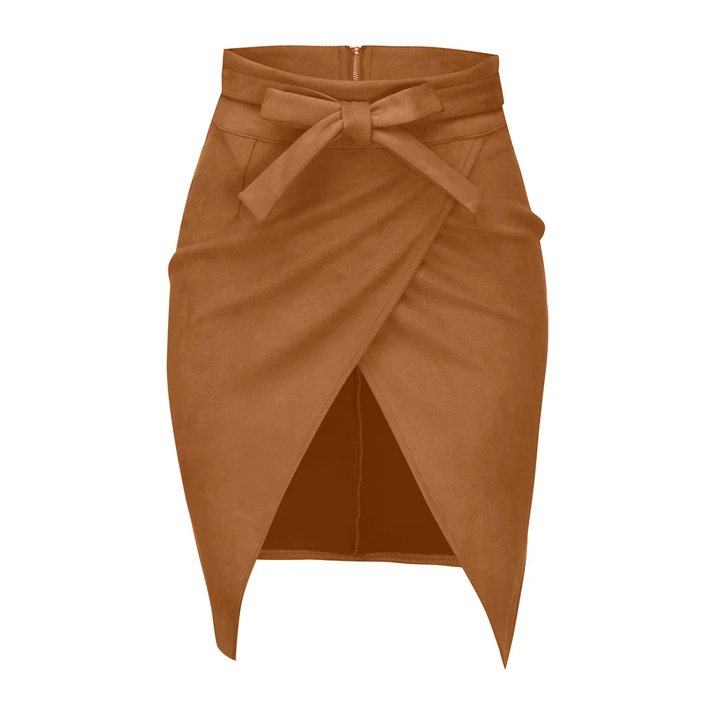 Женская модная однотонная Асимметричная юбка до колена с поясом, Корейская бандажная Женская юбка до середины икры, длинная юбка с поясом