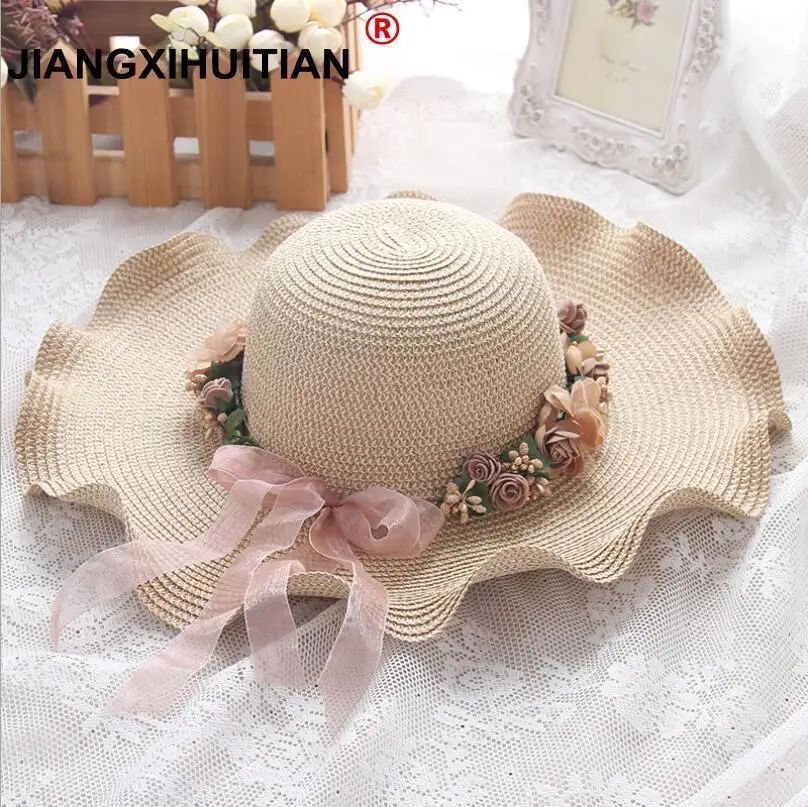 

Hot Sale Korean Straw Sun Hats For Women Cap Anti-UV Beach Summer Floppy Cap For Ladies Flower Straw Hat wave With A Wide Brim