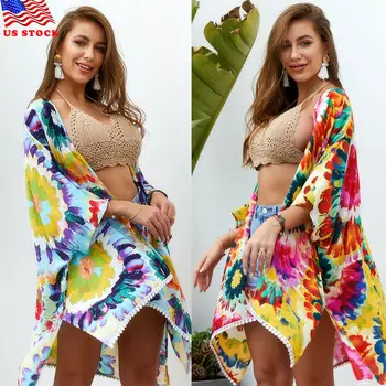 

2019 New Womens Chiffon Boho Shawl Floral Print Kimono Cardigan Top Cover Up Blouse Top Beachwear