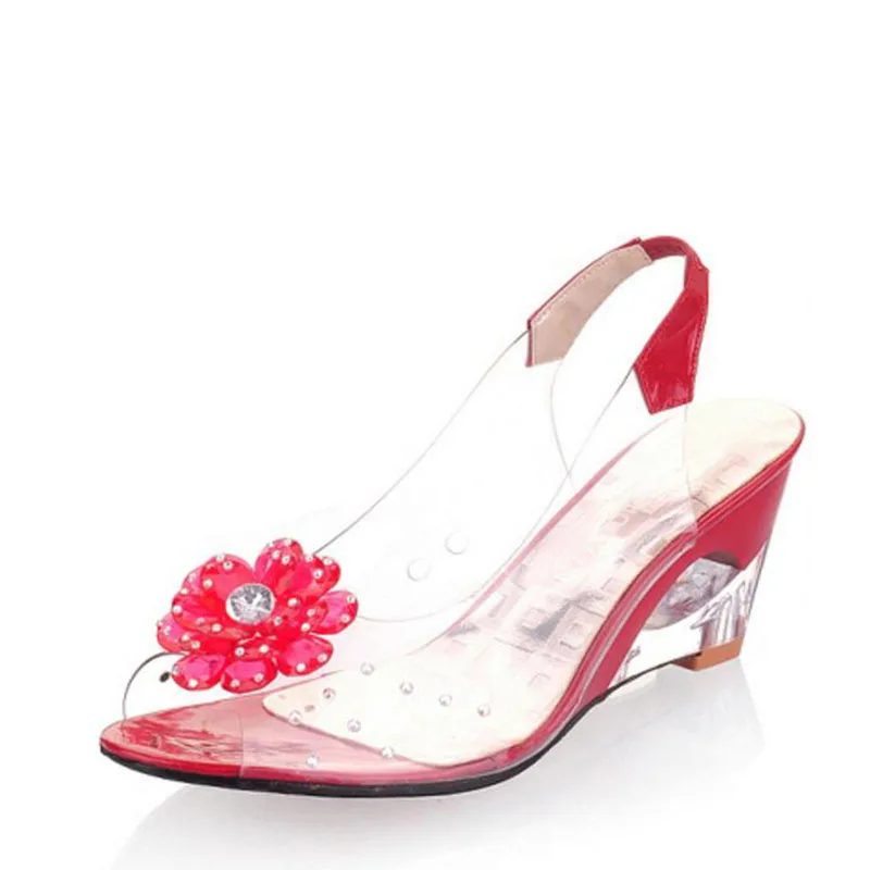 

2017 New Arrival Bohemia Flower Summer Peep Toe Jelly Shoes Crystal Wedges High Heel Transparent Women Sandals / Big Size 34-43