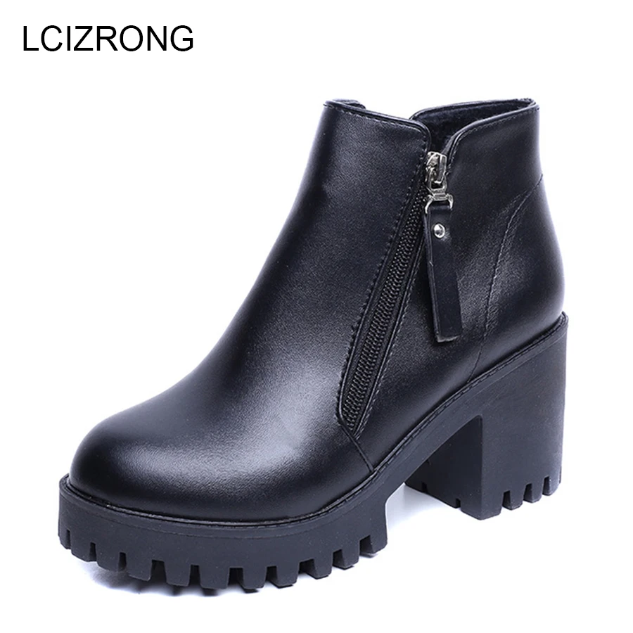 

LCIZRONG Winter Leather 7.5CM High Heel Boots Women Round Toe Warm England Style Platform Ankle Boots Black Thick Bottom Shoes