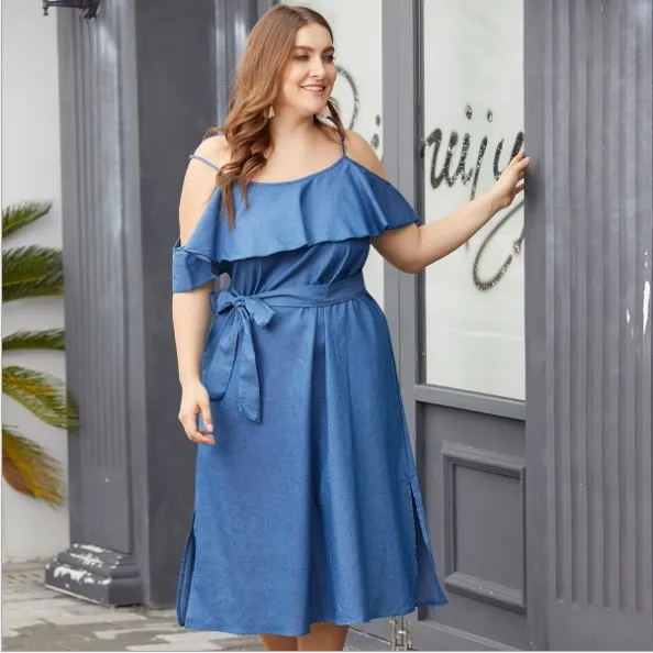 

elegant dress 2019 summer dress women plus size casual loose off the Shoulder sexy dress ruffles long denim dress vestidos fw362
