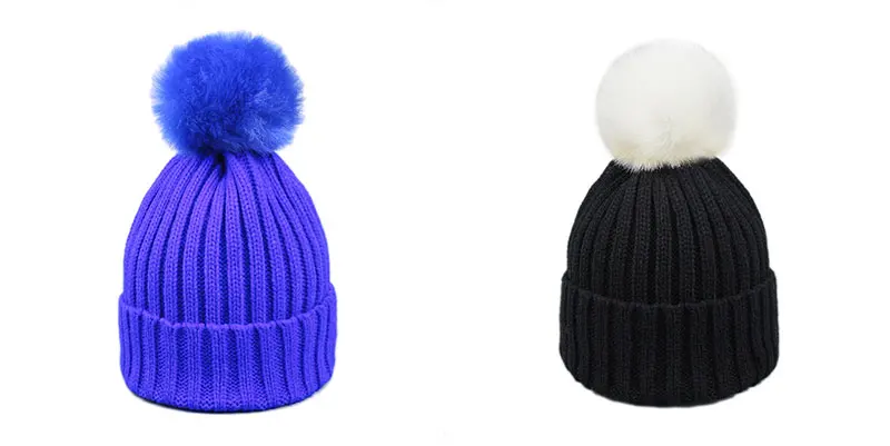 Меховая шапка с помпоном, зимняя шапка для мужчин, Skullies Beanies, женская теплая шапка, эластичная вязаная шапка, детские меховые шапки с помпонами для девочек и мальчиков