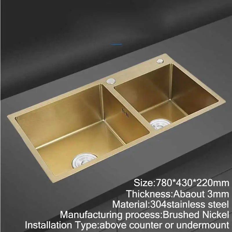 87x43cm Kitchen Sink SUS304 Stainless Steel Strainer Brushed Gold Double Bowl Nano-coating Sinks Vegetable Washing | Обустройство