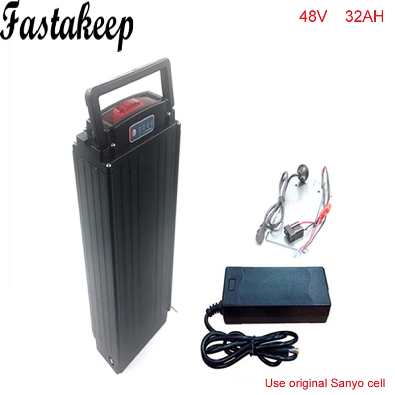 

48v 1000w rear rack ebike battery 48V 32AH lithium battery pack with 30a BMS and charger + Power tail lights For Sanyo cell