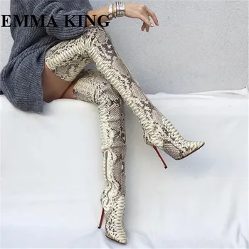 

EMMA KING 2018 Hot Sale Snake Print Stiletto Thigh High Boots Women Python Pointed Toe High Heels Night Club Boots Botines Mujer