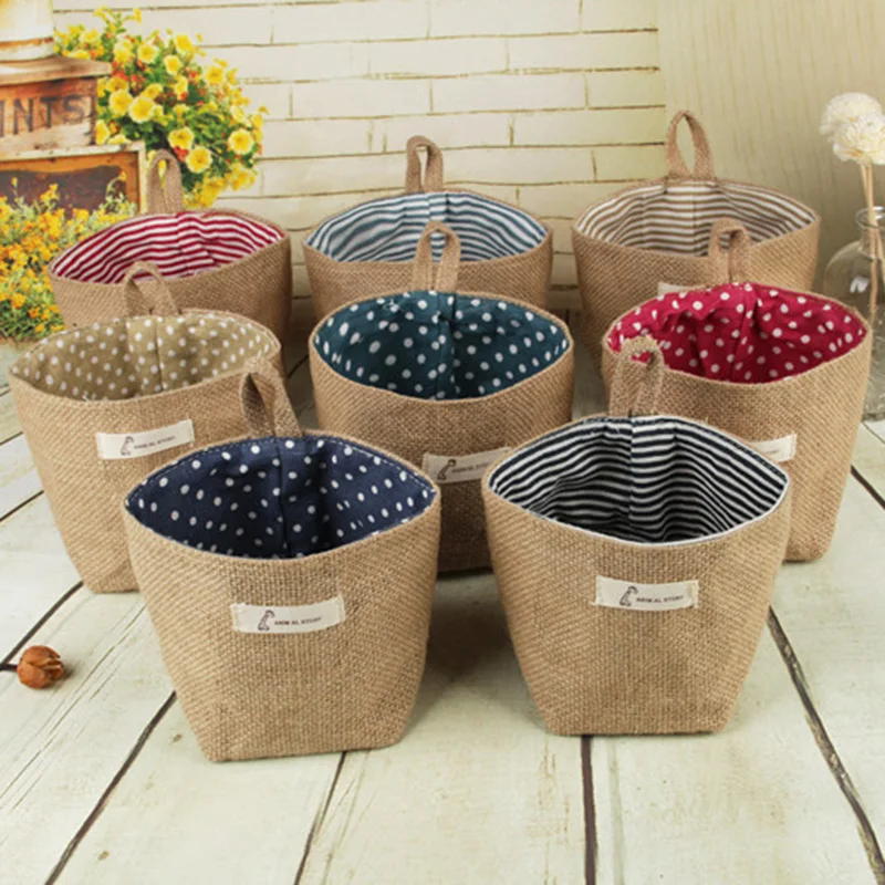 1 Pcs Cotton Linen Hanging Bag Home Gadget Storage Organizer For Flower Pot Small Sack Hanging Jute Dot Striped Storage Basket