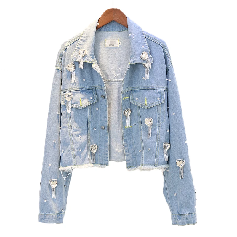 Vestes Denim Grand Court Burr Bleu Automne Printemps Gland Veste Clair Manteau Femmes Dame Amour Ourlet 2018 Strass Fille SqBtTvxwEw