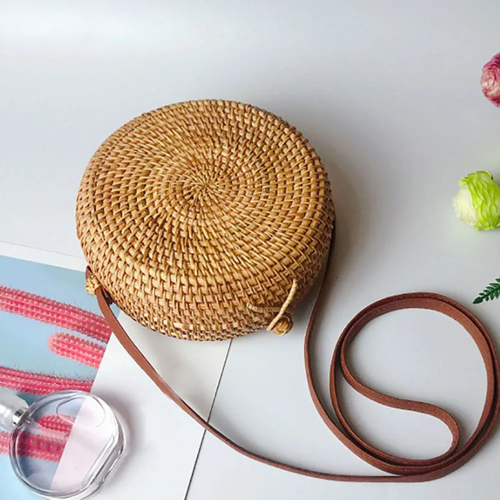 

New Woven Rattan Bag Round Straw Shoulder Bag Small Beach HandBags Women Summer Hollow Handmade Messenger Crossbody Bags