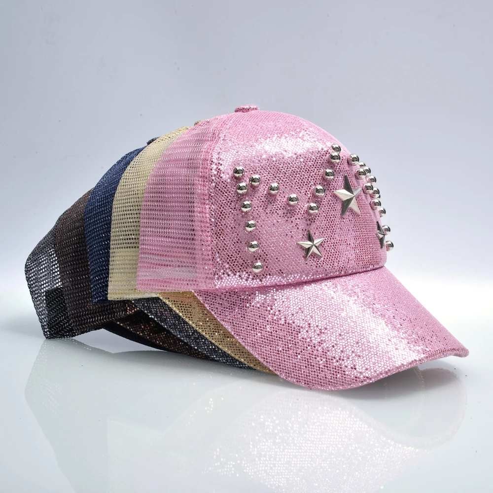 2018 Snapback Dívčí Trucker Cap 5 Panel Sluneční klobouky Prodyšné Mesh Hat Bliká Letní Baseballová čepice pro ženy Casquette