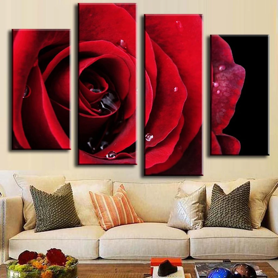 Printed-Oil-Art-Painting-Red-Rose-4-piece-Combined-Canvas-Paintings-gift-Living-room-bedroom-decoration