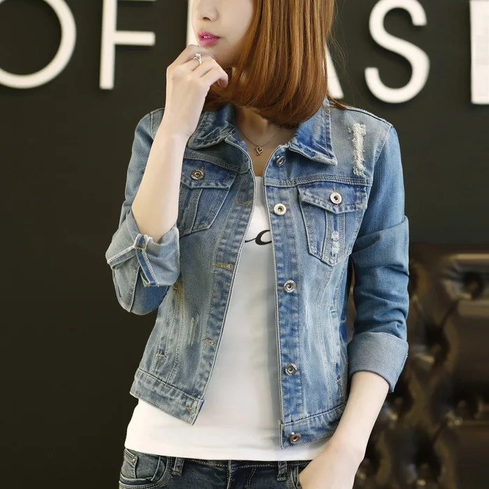 

Plus Size New England Style Autumn Winter Vintage Spliced Hole Short Denim Jacket Women Long Sleeve Slim Single Breasted Coat