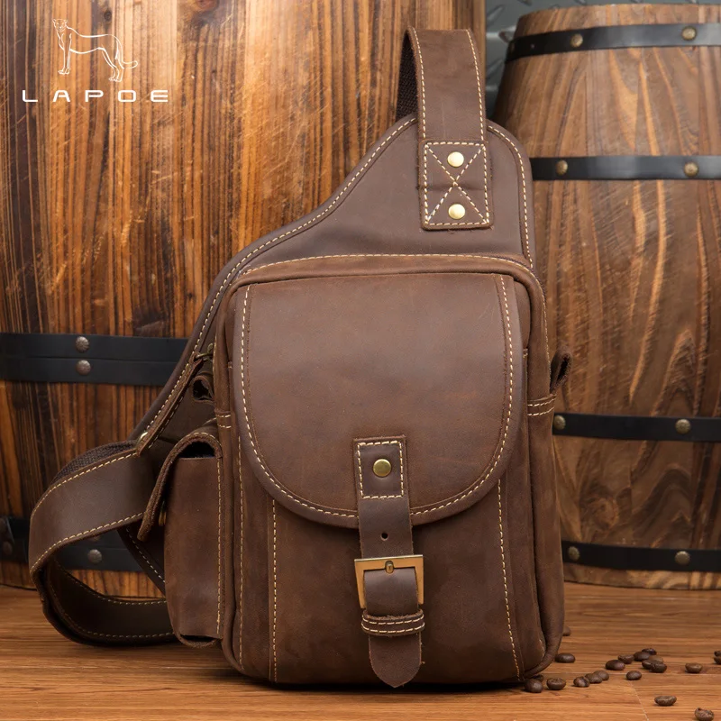 

CrossBody Chest Bag Crazy Horse Leather Men bags Vintage Chest Packs Retro Sling Bags Zipper Shoulder Bag