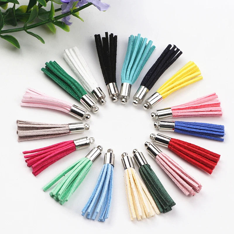 100pcs Mix Color 35mm Suede Tassel For Keychain Cellphone Straps Jewelry Charms Leather Tassels With Copper Caps Diy Accessories