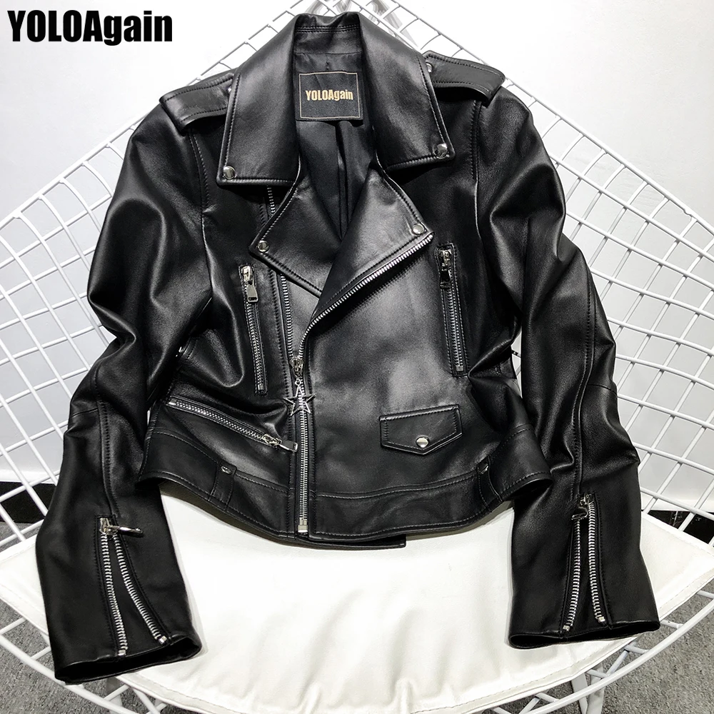 

YOLOAgain Women genuine leather jacket ladies star zipper black real sheepskin jacket