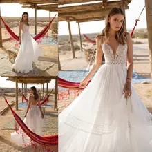 Богемское свадебное платье с v-образным вырезом кружевное свадебное платье длинное пляжное в пол ТРАПЕЦИЕВИДНОЕ свадебное платье халат De Mariee