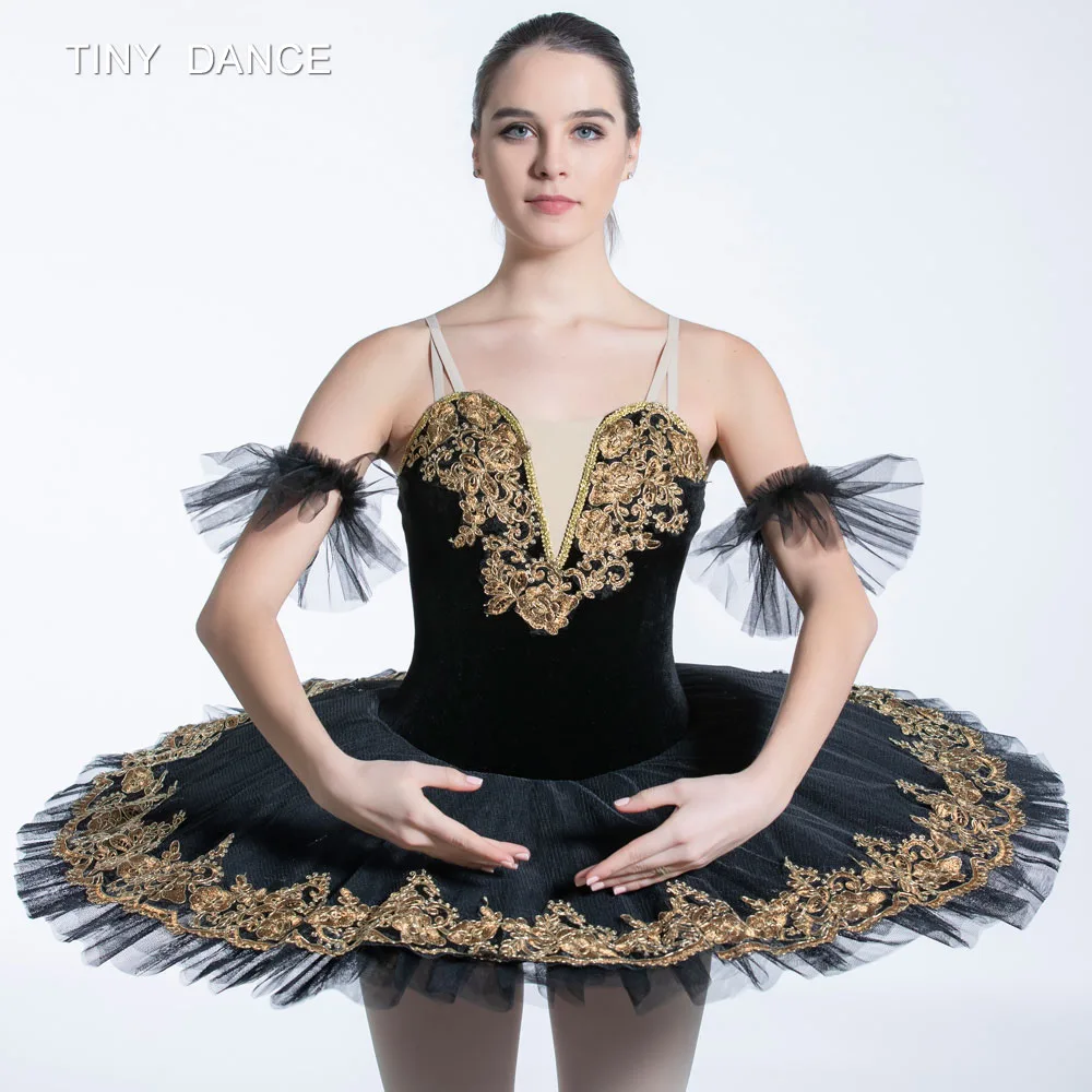 Профессиональная балетная пачка с черным лебедем, бархатный лиф с v-образным вырезом и золотой отделкой, плиссированная юбка-пачка, костюмы балерины BLL089