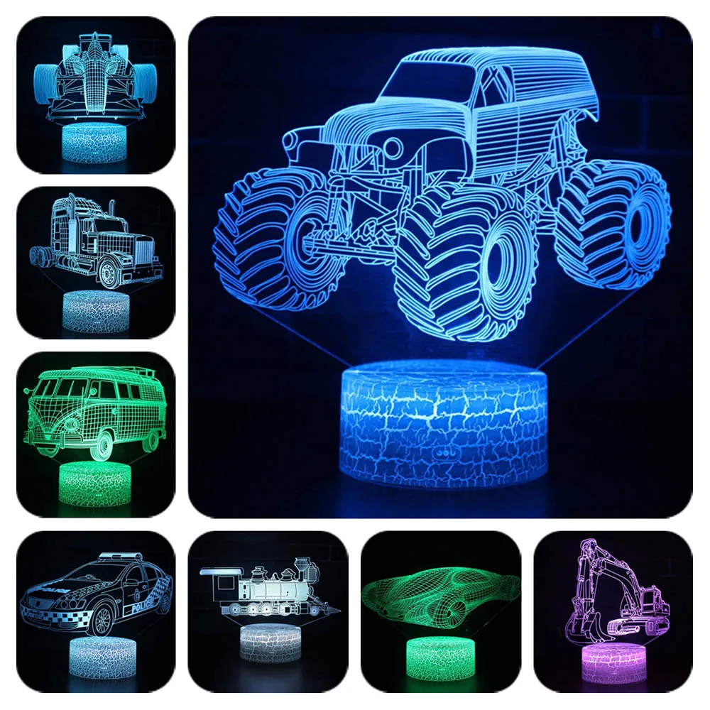 

Vehicles Light up Model Action Figure Monster Trunk F1 Racing Car Fire Trucks 3D illusion Lmap Kids Sleeping Luminous toys
