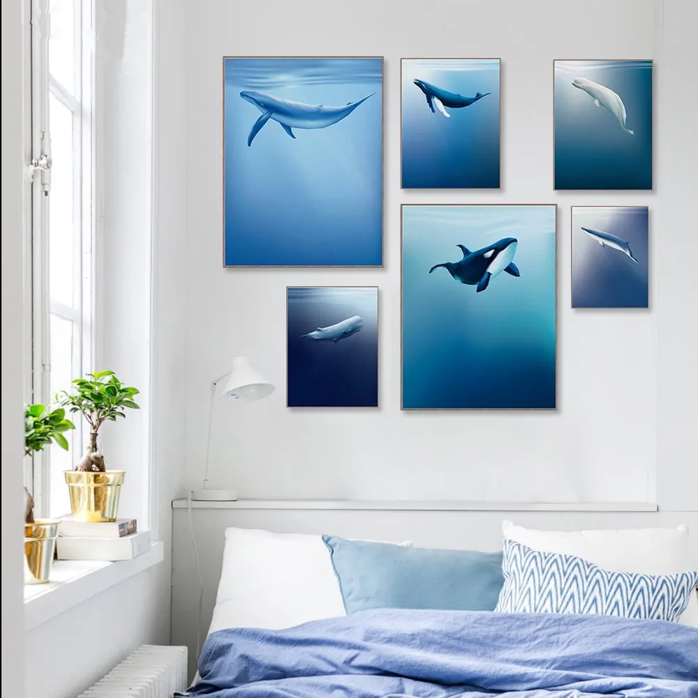 Minimalist Deep Blue Sea Ocean Animal Whales Shark Posters Nordic Living Room Print Pictures Home Decor Canvas Painting No Frame