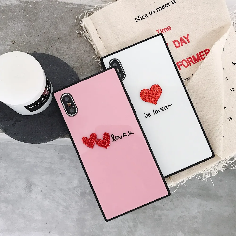 

TEMPERED GLASS Case SkinS FOR APPLE IPHONE 7 8 PLUS X 6S 6 PLUS FASHION " BE LOVED" "LOVE U " JEWELLED Cover Cases FUNDA COQUE