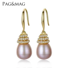 PAG y MAG Marca de Lujo 10-11mm de Perlas de Agua Dulce Pendientes de Plata de Ley 925 Joyería Clásica Pendientes para Las Mujeres fábrica Al Por Mayor