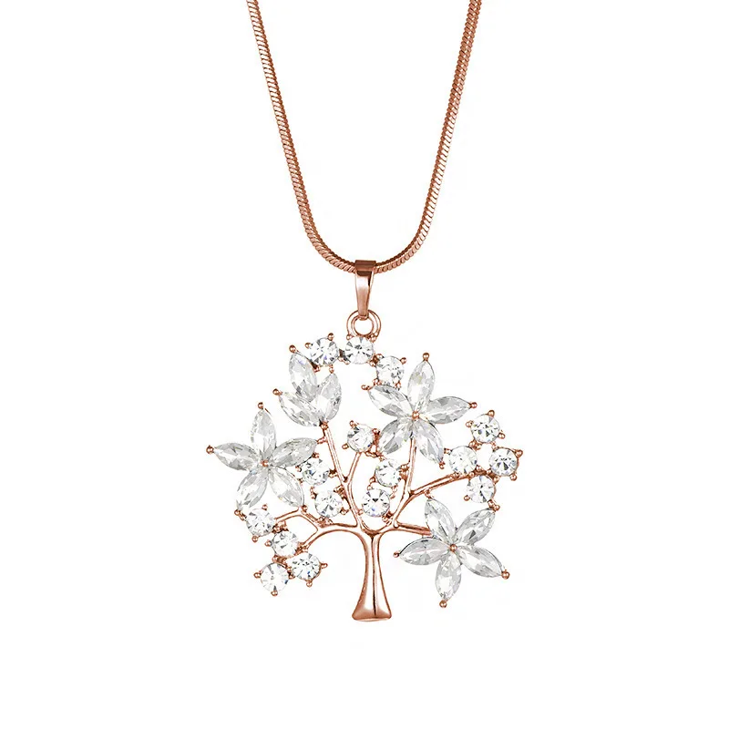 Кулон «Древо жизни», серебряное золотое ожерелье для женщин с большими роскошными хрустальными листьями, модная цепочка на свитер, длинное ожерелье, ювелирное изделие - Окраска металла: Rose gold