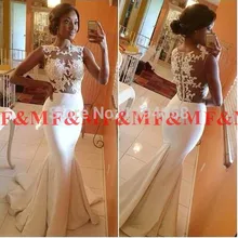 2014 neue Sexy Scoop Aufschwämmung Bloße Spitze Top Mermaid Abendkleider Satin
