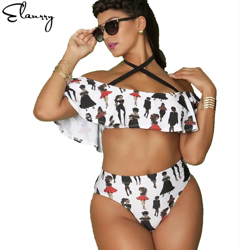 

Bikins Women 2018 Plus Size Swimwear Print Brand Sexy Bikini Brazilian Halter Off Shoulder Swimwear Big Chest Swimsuit