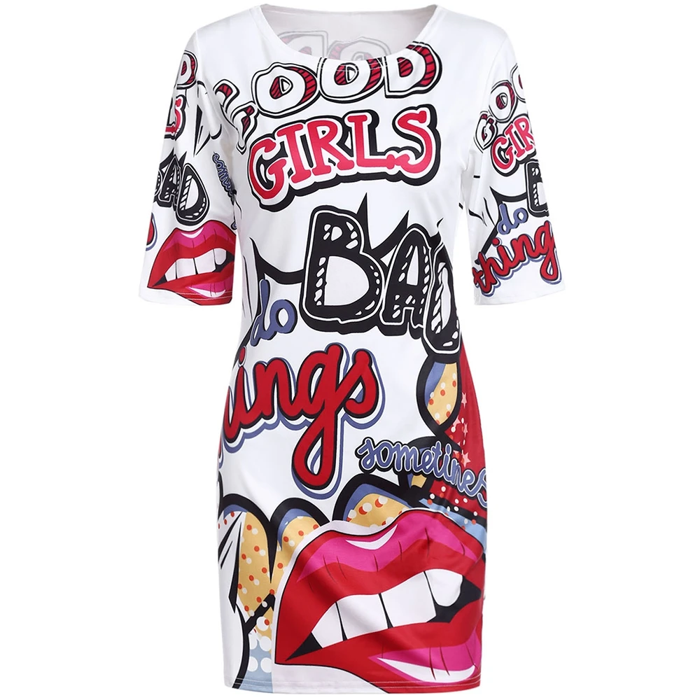 

Women Dresses Hippie Cute Cartoon Hip-Hop Style Lip Letters Print Mini Dress Plus Size 5XL Party Club Female Mini Dress Vestido