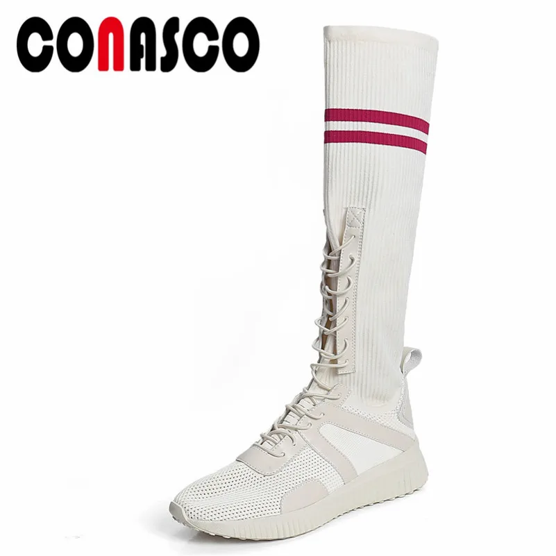 

CONASCO 1Fashion Women Knee High Boots Autumn Winter Warm Wedges Heels Shoes Woman Casual Cross-tied Brand Quality Socks Boots