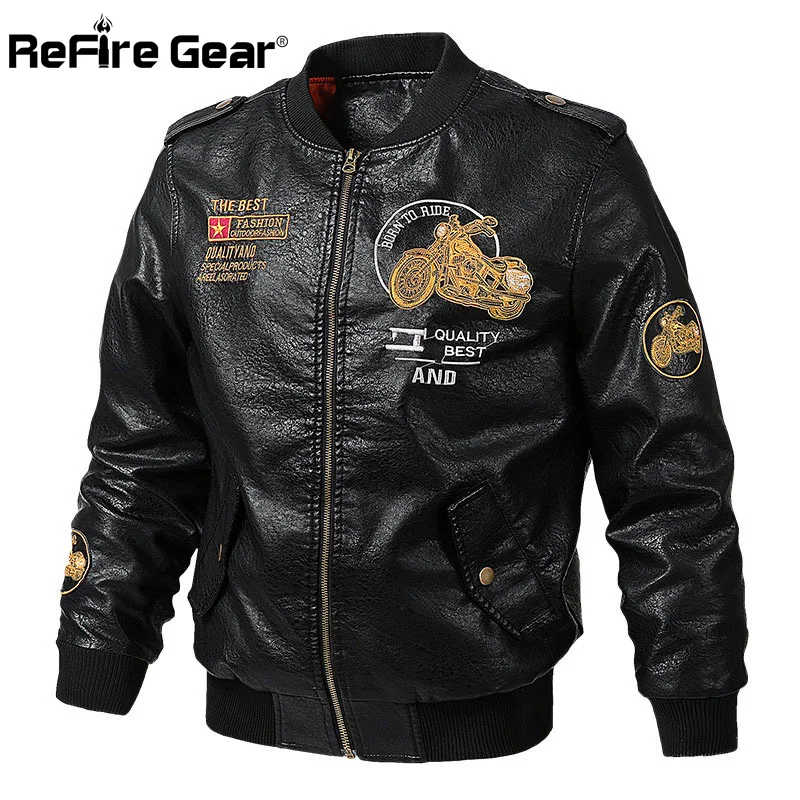

ReFire Gear Motorcycle Biker PU Leather Jacket Men Spring Vintage Pilot Military Bomber Jacket Male Autumn Casual Baseball Coats