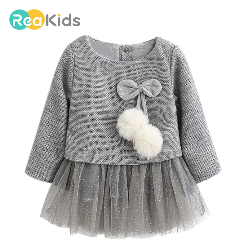 

REAKIDS Girls Dress Bow Baby Girls Clothing Kids Spring Clothes Long-Sleeves Casual Girls Clothing Children Clothes Girls Dress