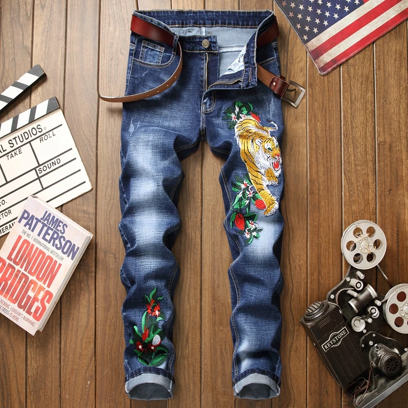 Jeans men blue cotton 3d embroidery ripped floral new homme denim trousers distressed plus size 29-38 straight male pants jeans Jeans men blue cotton 3d embroidery ripped floral new homme denim trousers distressed plus size 29-38 straight male pants jeans