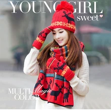 Зимние вязаные шапки с толстой шерстяной подкладкой, теплый рождественский подарок, толстая шапка с оленем, шарф, перчатки, комплекты для женщин или девочек, теплый комплект из 3 предметов, A39