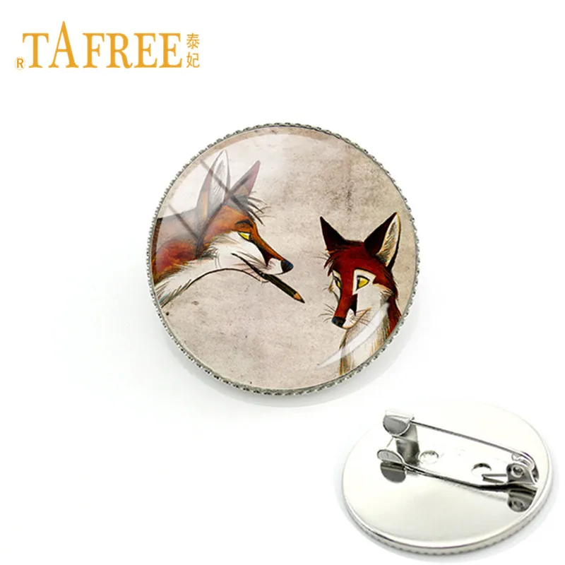 

TAFREE New Vintage Silver Color Glass Metal Animal Foxes Badge Brooch Pins High Quality Lapel Pins Kids' jewelry Gift WF21