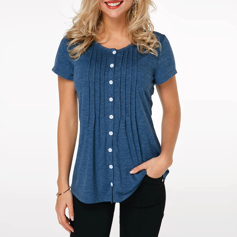 

2019 Plus Size S-5XL Summer Short Sleeve O-neck Pleated Shirt Single-breasted Blouse Solid Color Casual Button Shirts for Women
