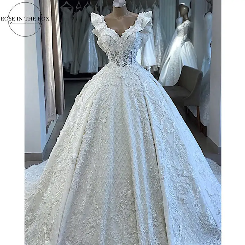 Супер роскошное свадебное платье вышитое бисером кружева назад 3D Цветы Свадебные платья Турция рукава с гофрированными манжетами свадебное платье плюс размер
