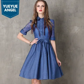 

Vintage Hollow Out Embroidery Women Fashion High Street Half Sleeve Dress Jean Denim Female Lapel Single Breasted Slim Vestidos