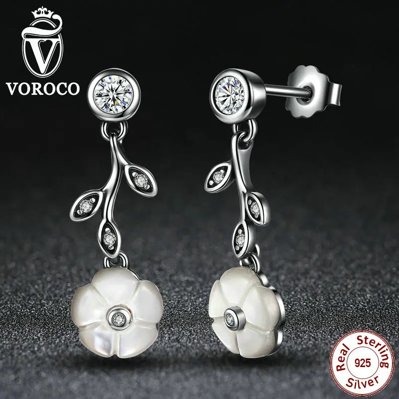 VOROCO 925 Sterling Silver White Flower Pendant Stud Earrings PushBack Clasp Women Earrings Compatible with VRC